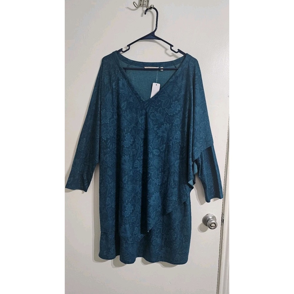 NWT Soft Surroundings Floral Tiered Poncho Style Dress Womens 1X Teal‎ Boho